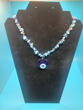 Blue Evil Eye Turkish Glass Pendant. Semi Precious Stones. Good Luck, Protection